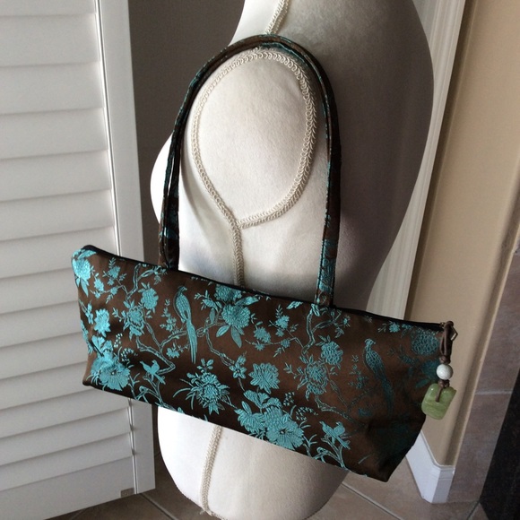 LAST 1! NEW 100% Silk Shoulder Purse Brown Aqua Birds Floral Big Sky Shanghai - Picture 2 of 8